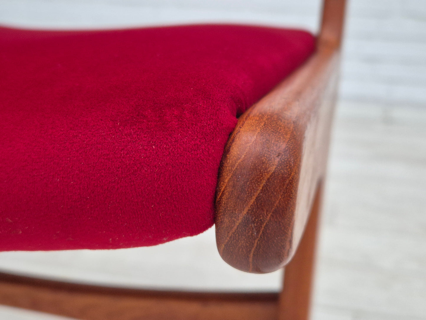 1970s, set of 4 reupholstered Danish chairs, teak wood, cherry-red furniture velour.