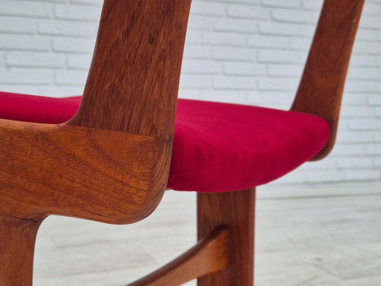 1970s, set of 4 reupholstered Danish chairs, teak wood, cherry-red furniture velour.