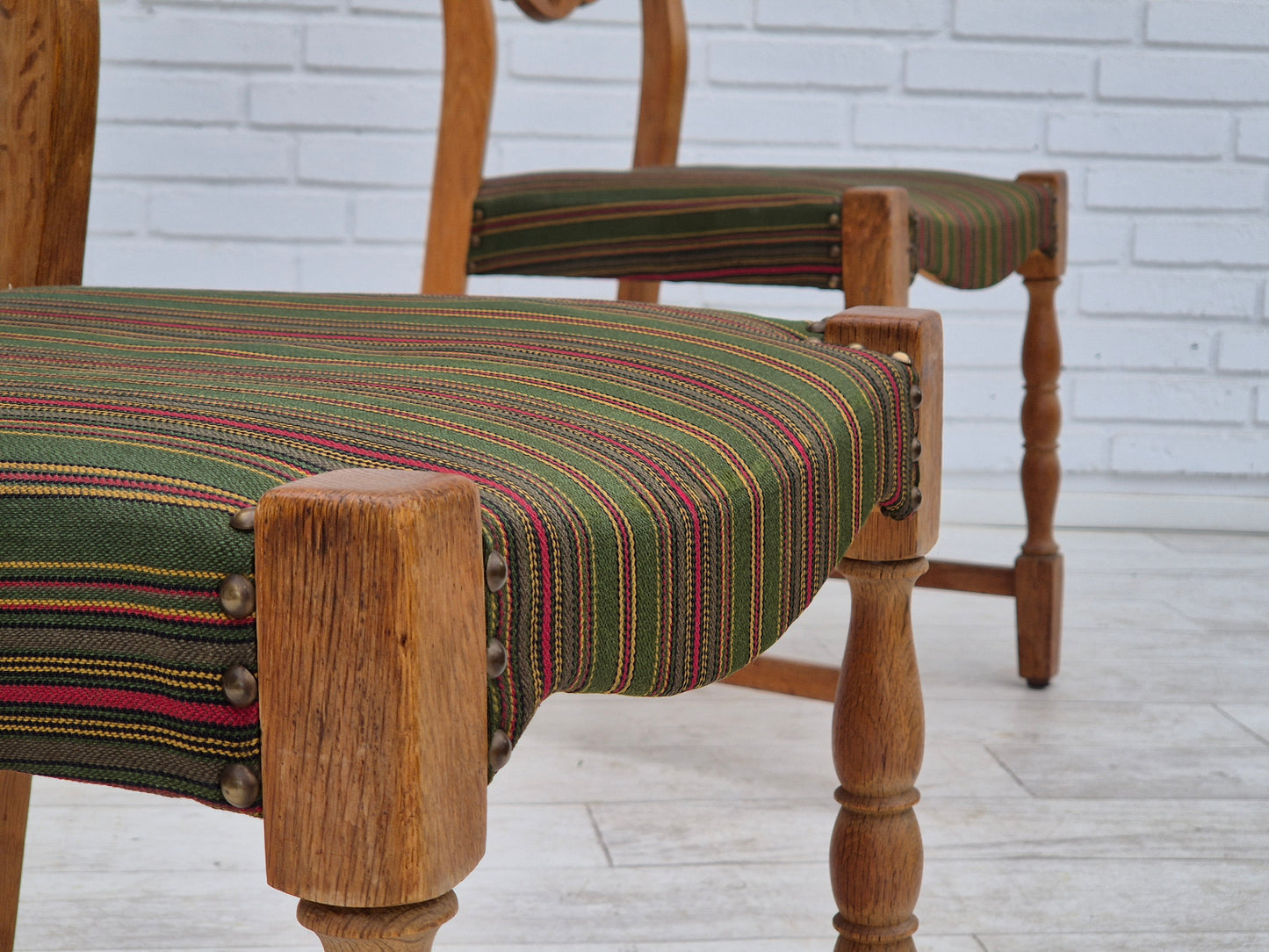 1960s, set of 3 dining Danish chairs, original good condition, furniture wool, oak wood.