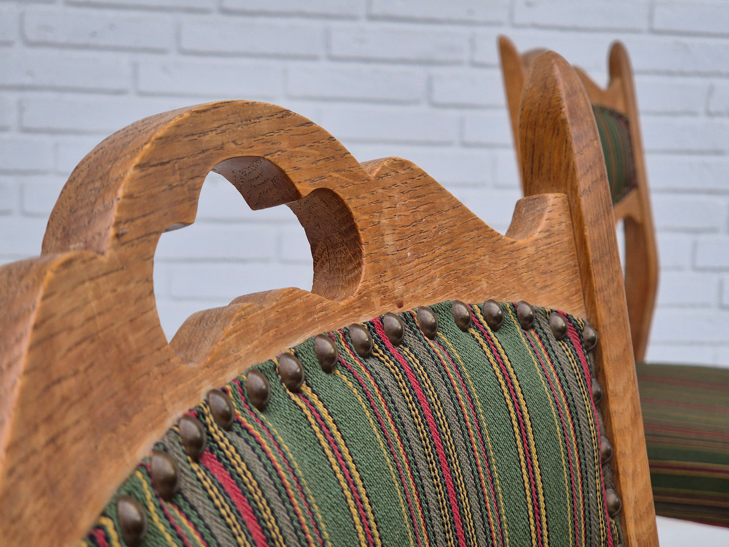 1960s, set of 3 dining Danish chairs, original good condition, furniture wool, oak wood.