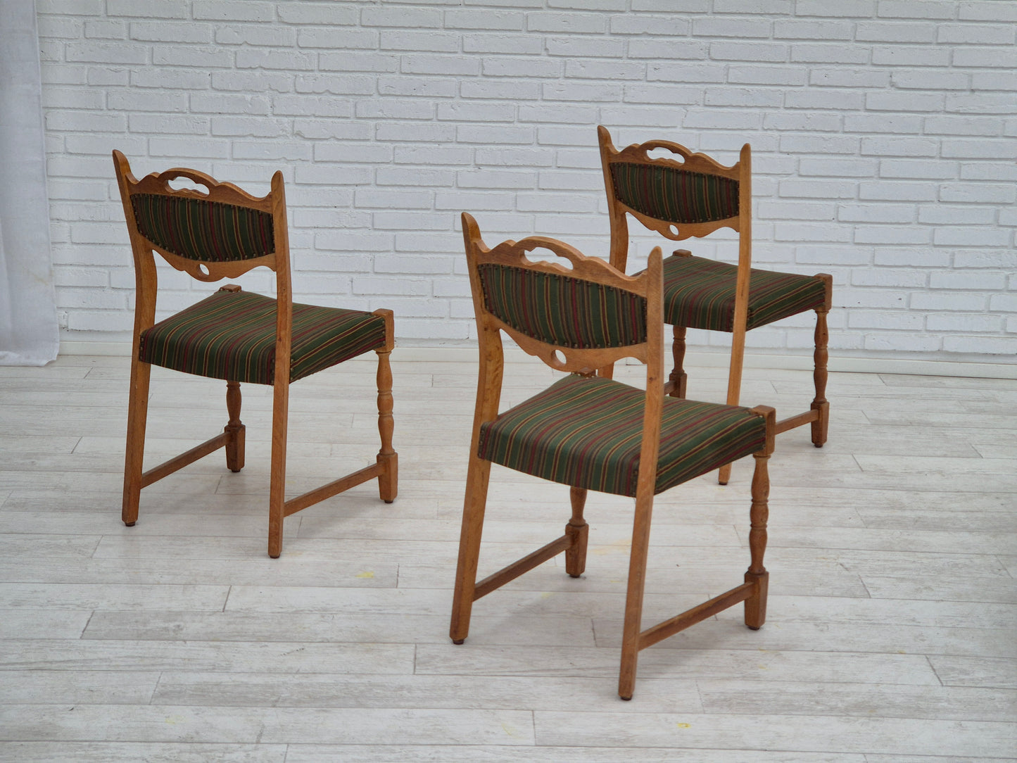 1960s, set of 3 dining Danish chairs, original good condition, furniture wool, oak wood.