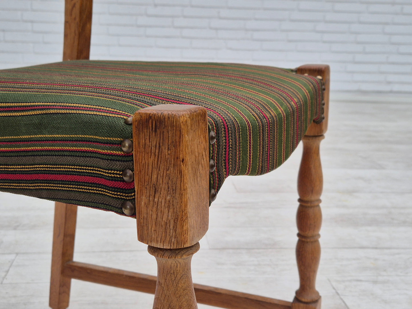 1960s, set of 3 dining Danish chairs, original good condition, furniture wool, oak wood.