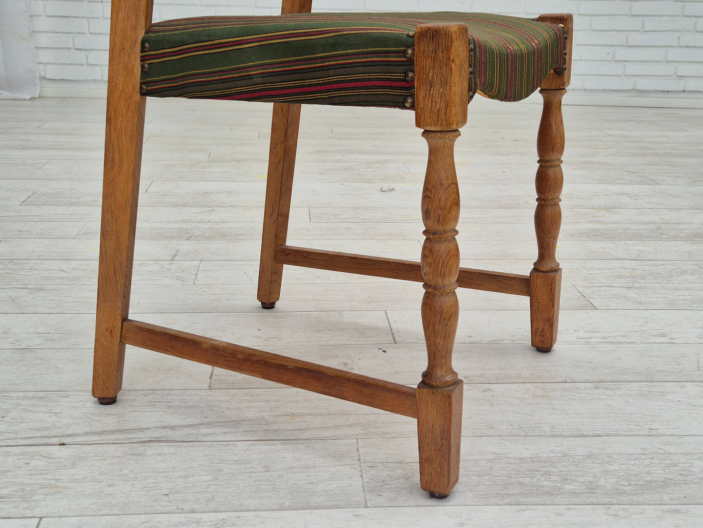 1960s, set of 3 dining Danish chairs, original good condition, furniture wool, oak wood.