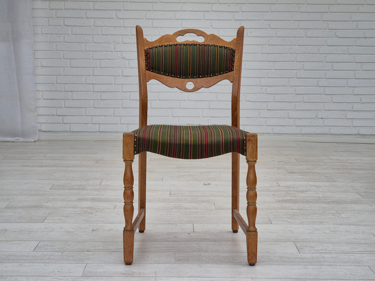 1960s, set of 3 dining Danish chairs, original good condition, furniture wool, oak wood.