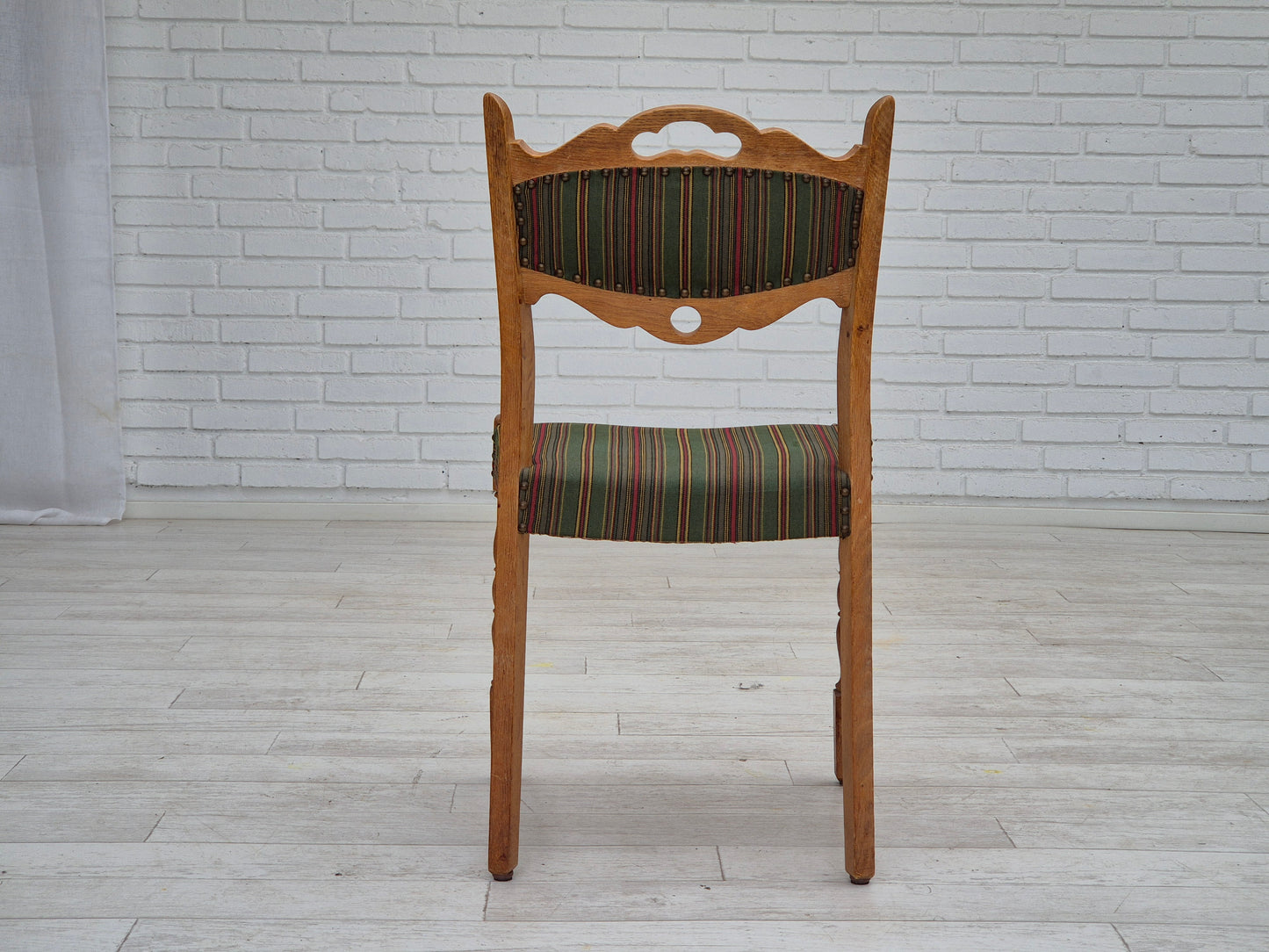 1960s, set of 3 dining Danish chairs, original good condition, furniture wool, oak wood.