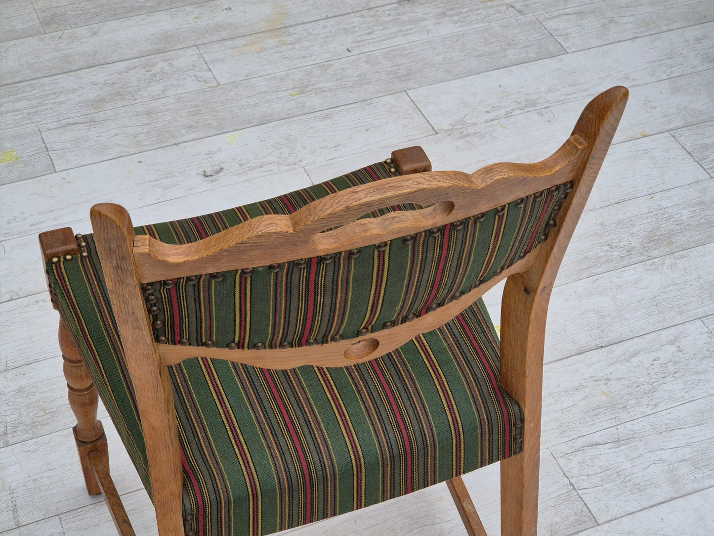 1960s, set of 3 dining Danish chairs, original good condition, furniture wool, oak wood.