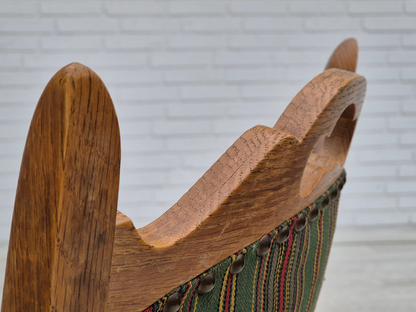 1960s, set of 3 dining Danish chairs, original good condition, furniture wool, oak wood.