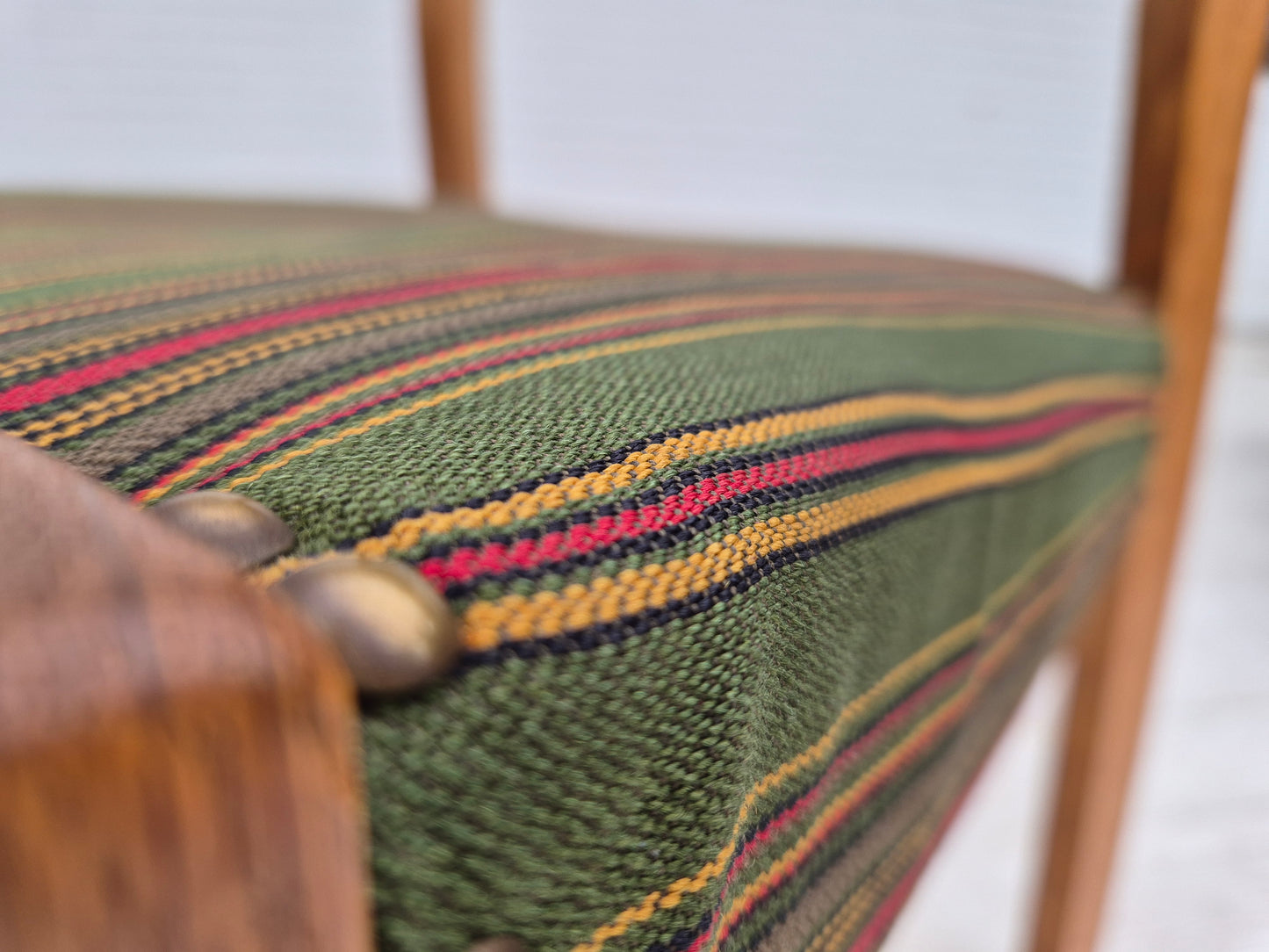 1960s, set of 3 dining Danish chairs, original good condition, furniture wool, oak wood.