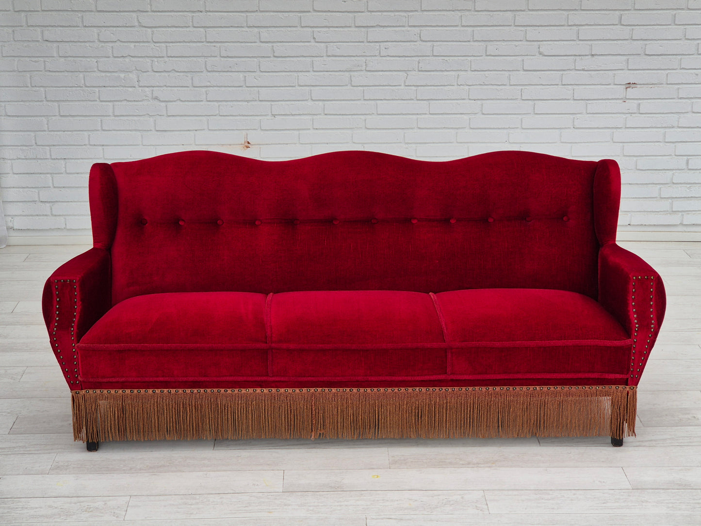 1960s, Danish 3 seater sofa, original, furniture velour, oak wood legs