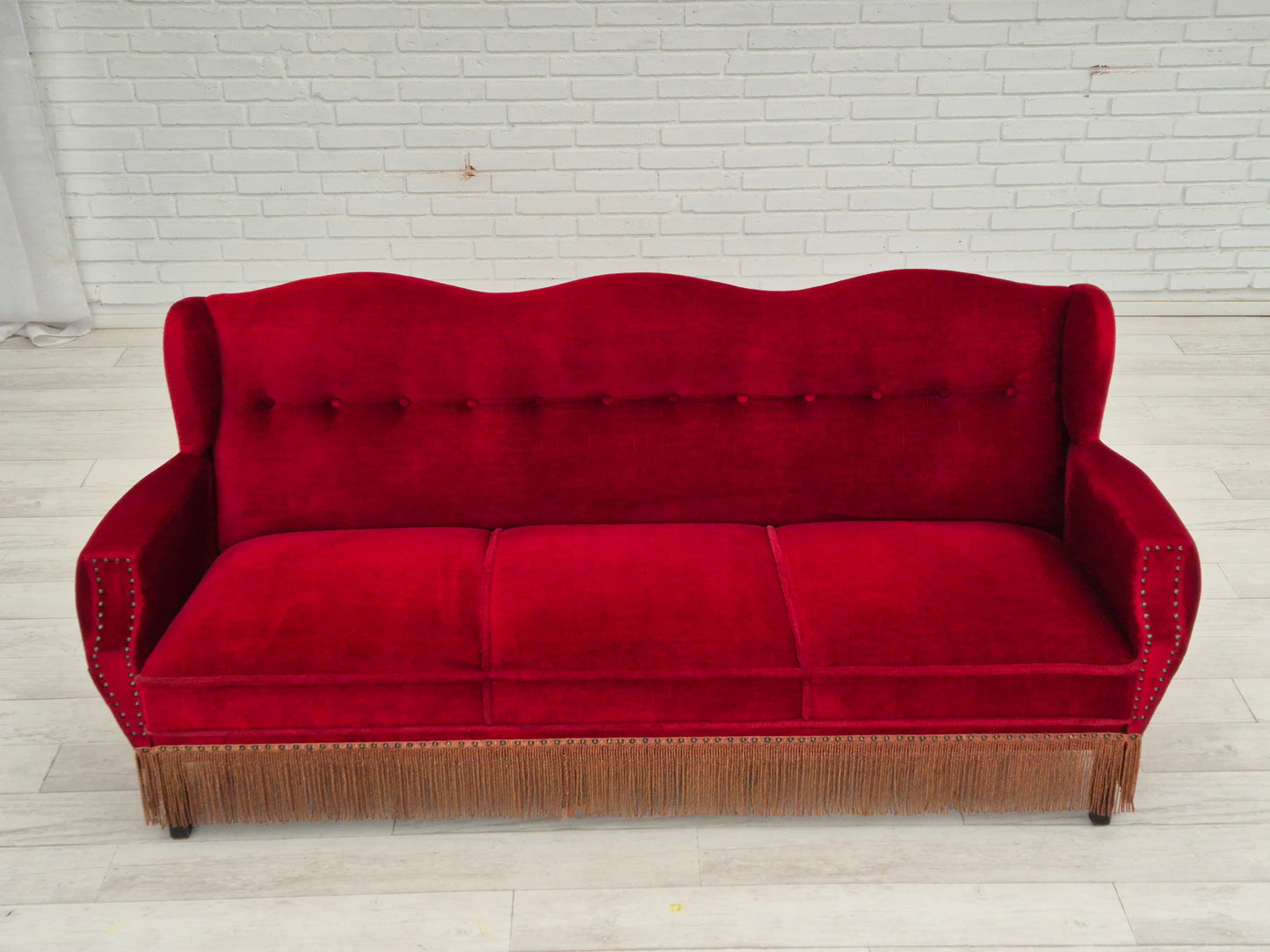 1960s, Danish 3 seater sofa, original, furniture velour, oak wood legs