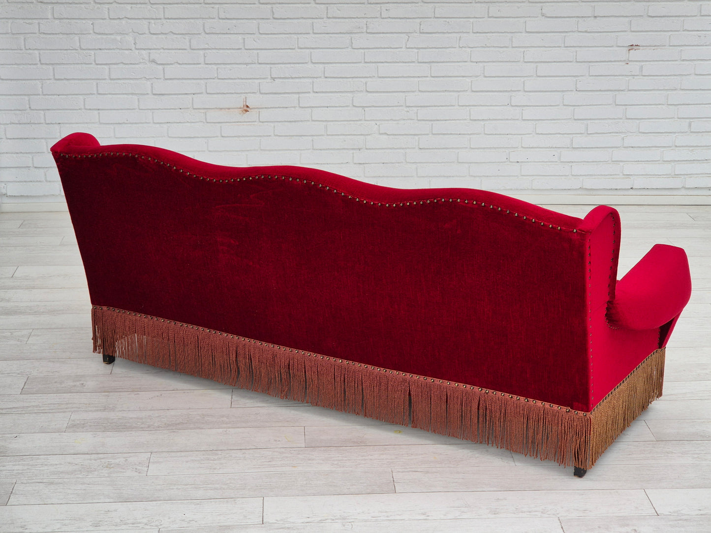 1960s, Danish 3 seater sofa, original, furniture velour, oak wood legs