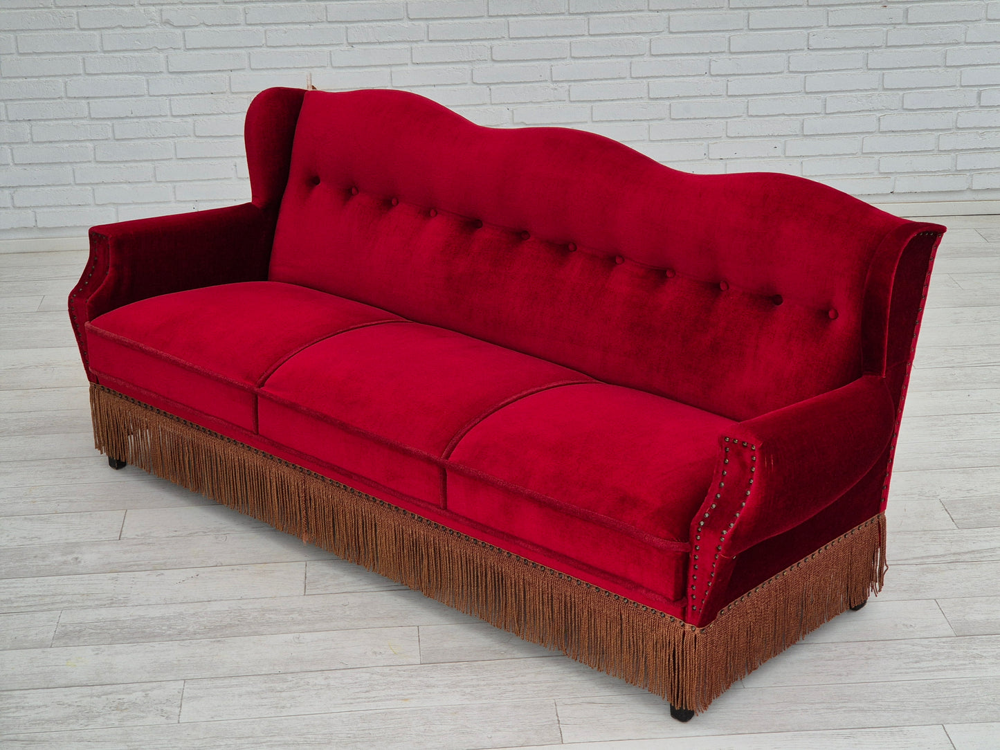 1960s, Danish 3 seater sofa, original, furniture velour, oak wood legs