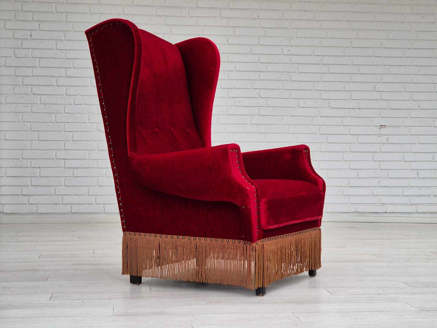 1960s, Danish wingback armchair, original, furniture velour, oak wood legs