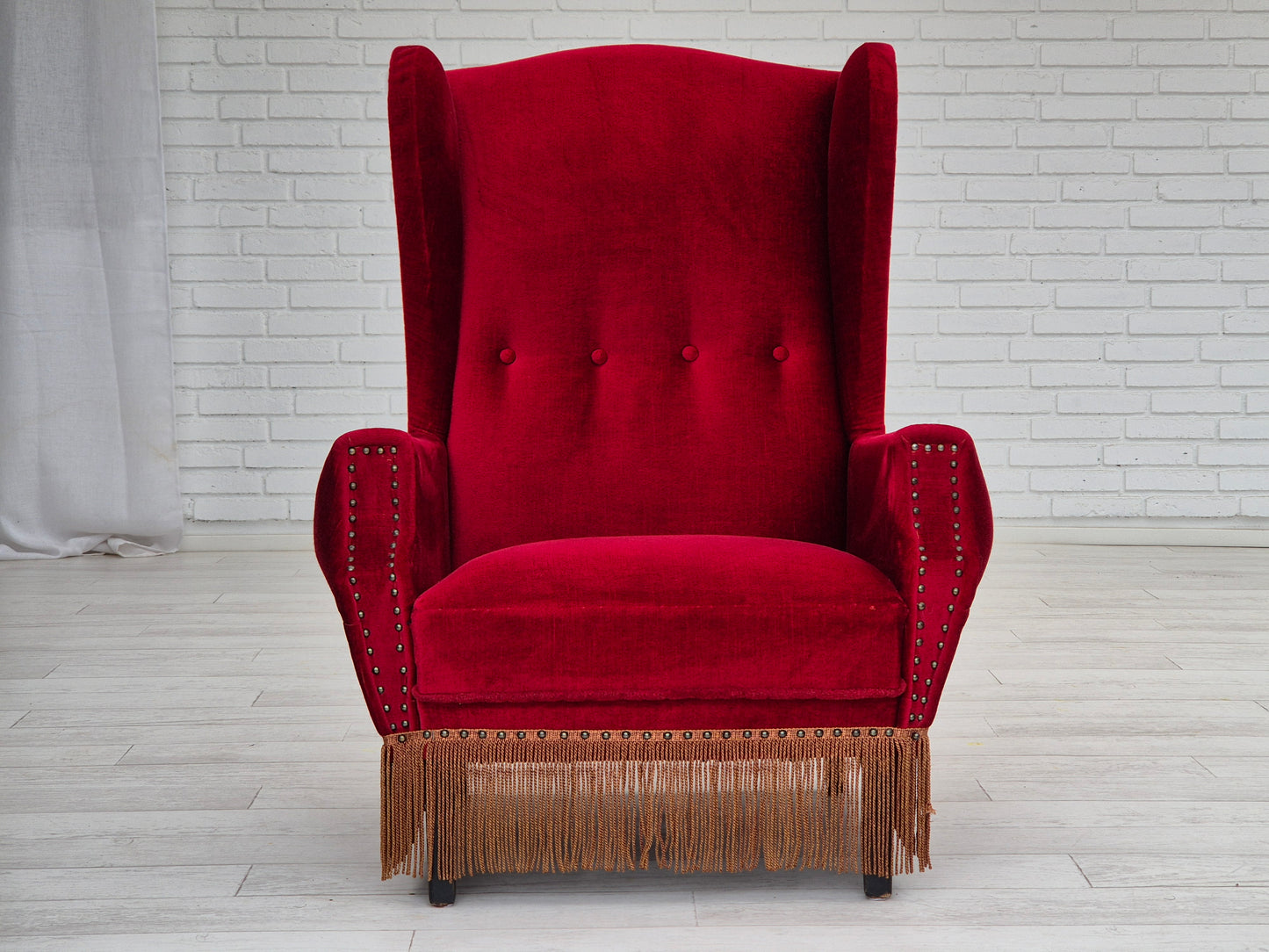 1960s, Danish wingback armchair, original, furniture velour, oak wood legs