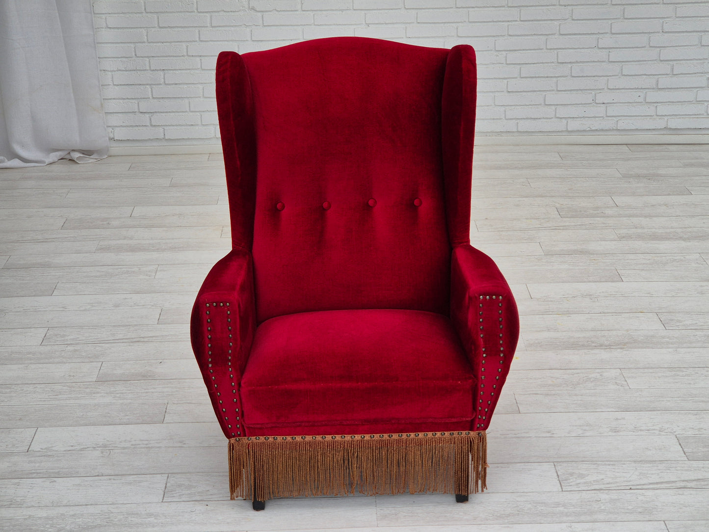 1960s, Danish wingback armchair, original, furniture velour, oak wood legs