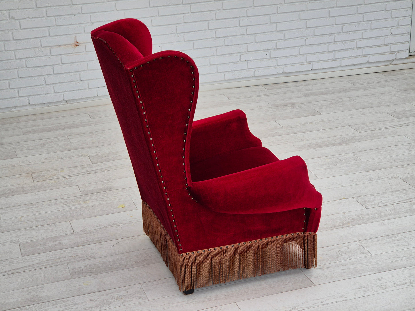 1960s, Danish wingback armchair, original, furniture velour, oak wood legs