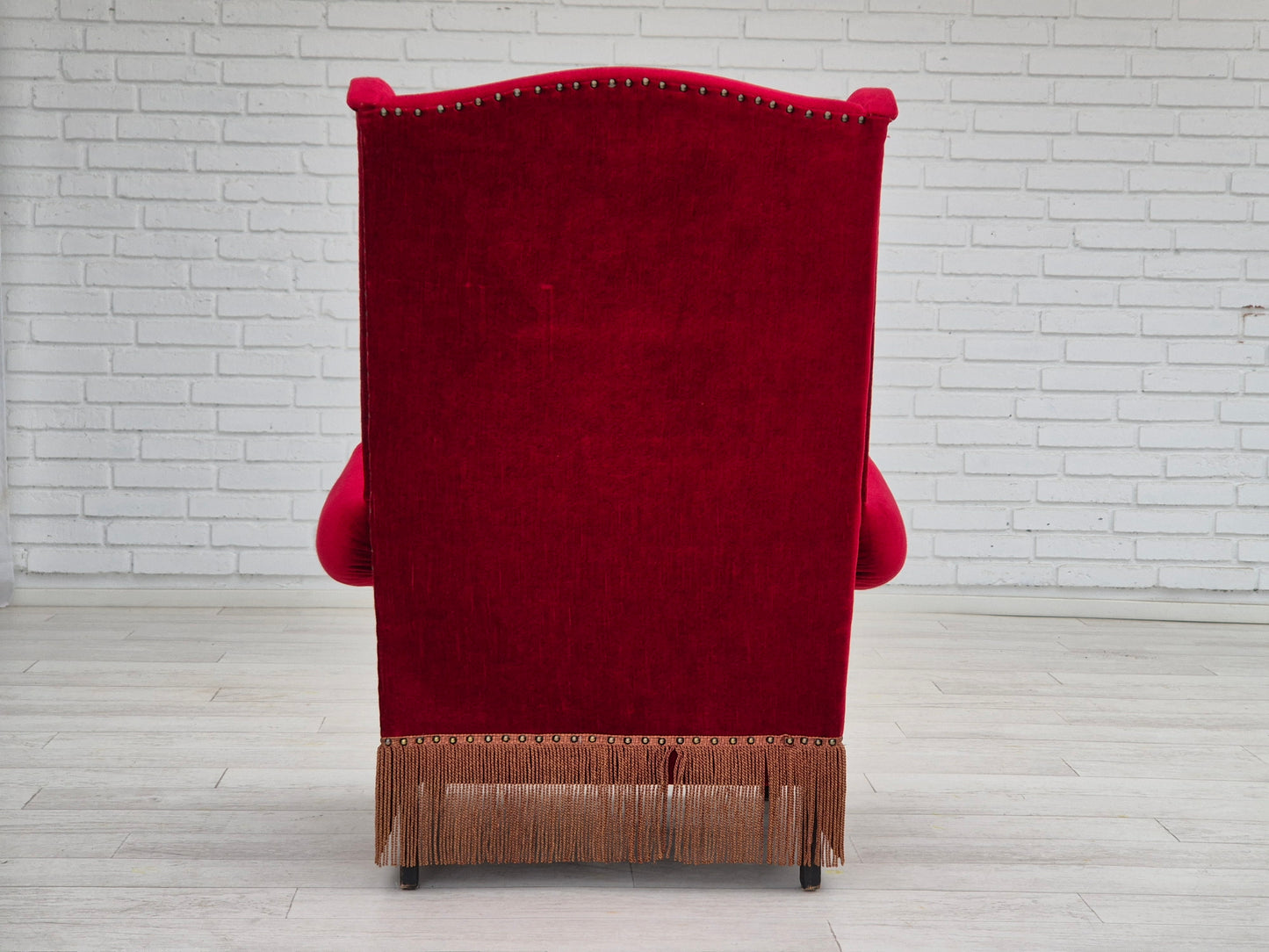 1960s, Danish wingback armchair, original, furniture velour, oak wood legs