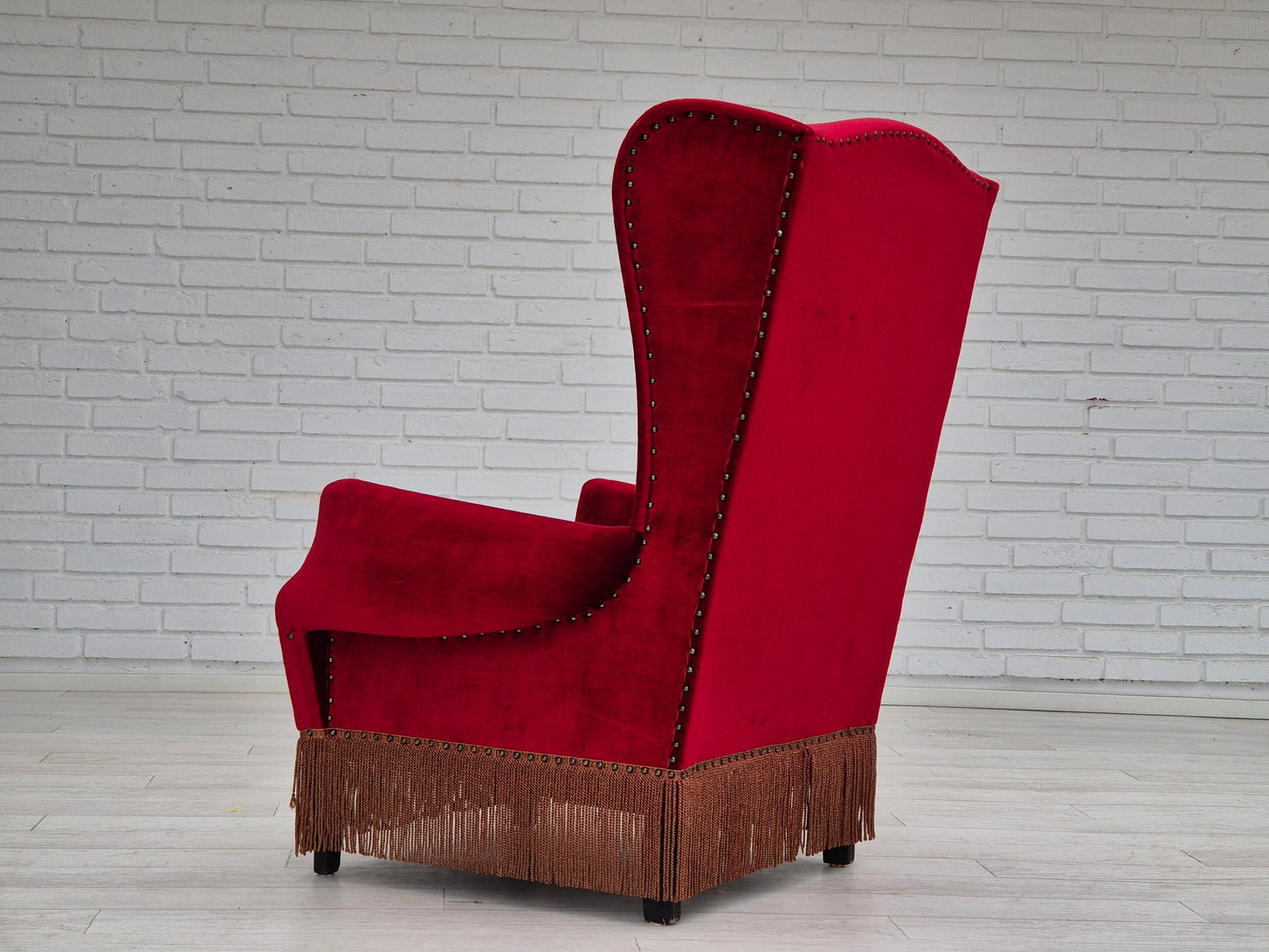 1960s, Danish wingback armchair, original, furniture velour, oak wood legs