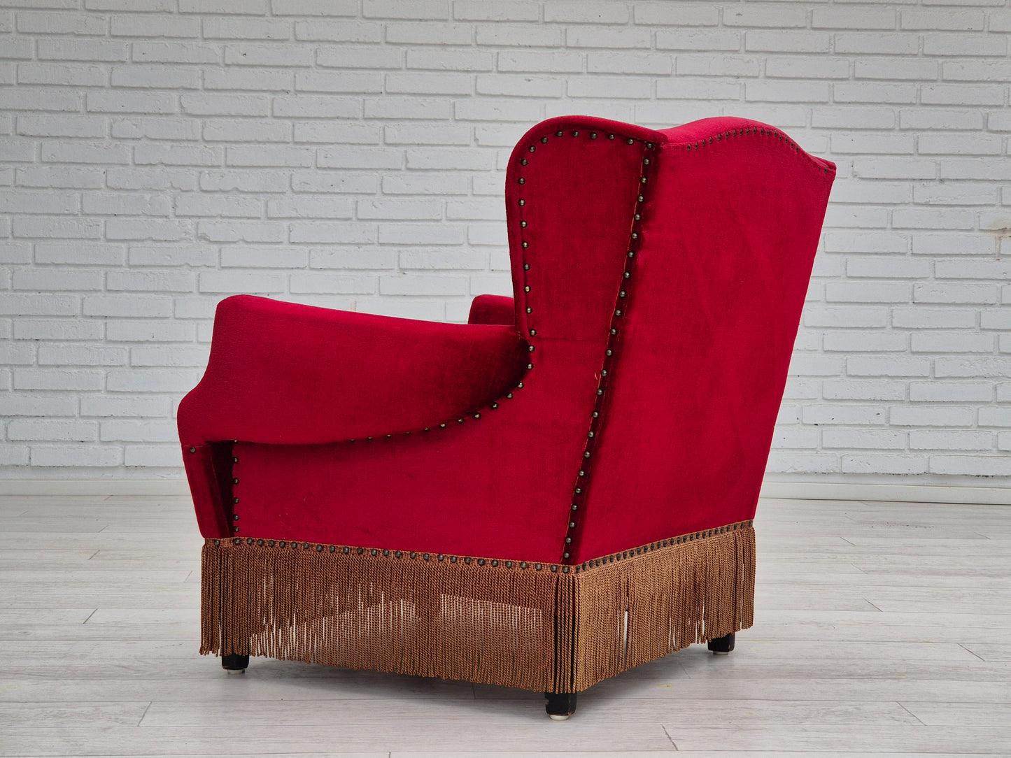 1960s, Danish lounge chair, original, furniture velour, oak wood legs