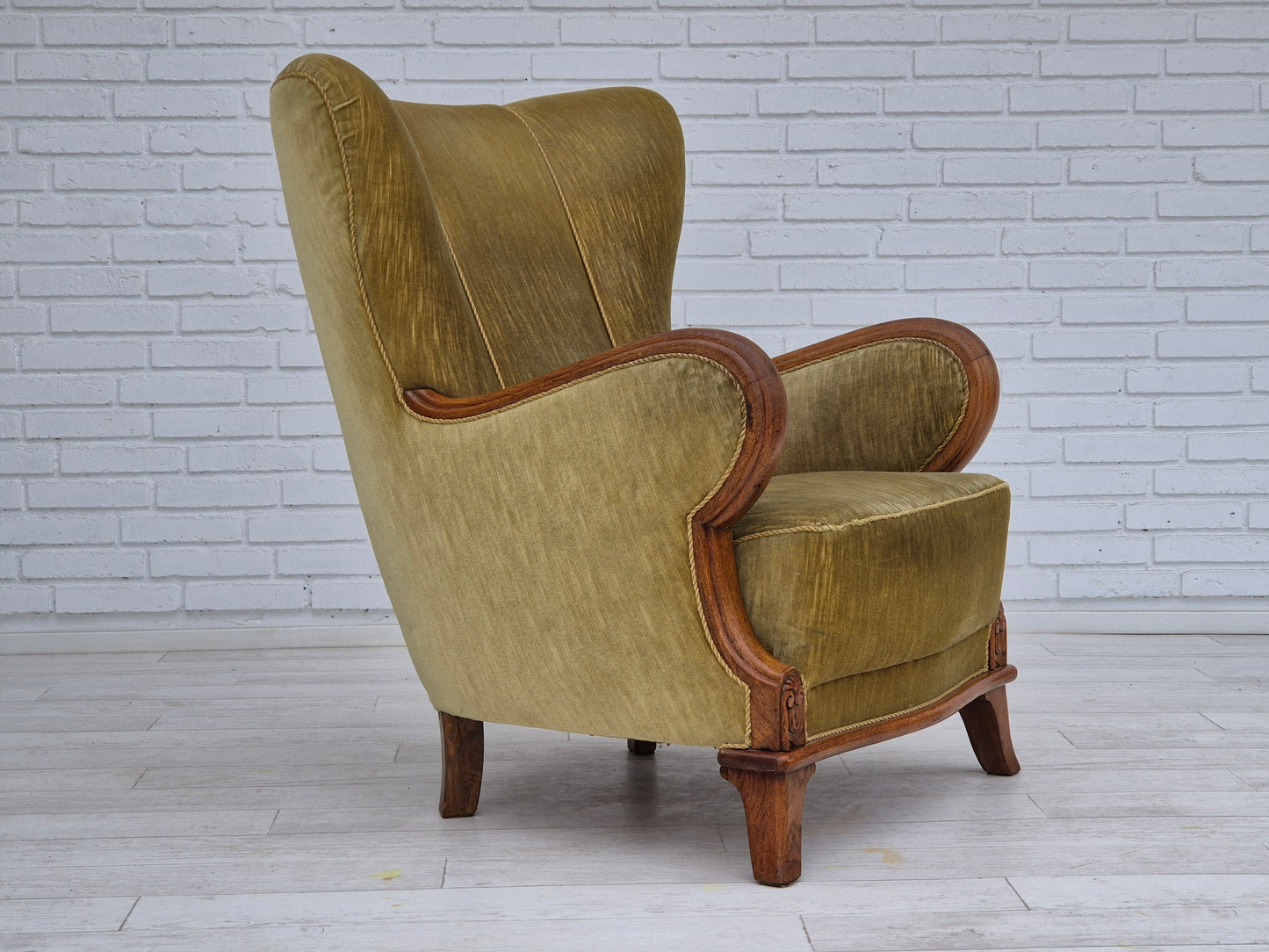 1960s, Danish armchair in original very good condition, furniture velour, oak wood.