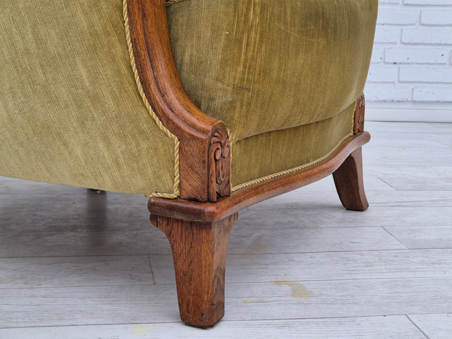 1960s, Danish armchair in original very good condition, furniture velour, oak wood.