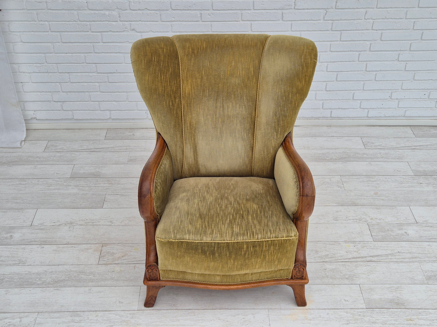 1960s, Danish armchair in original very good condition, furniture velour, oak wood.