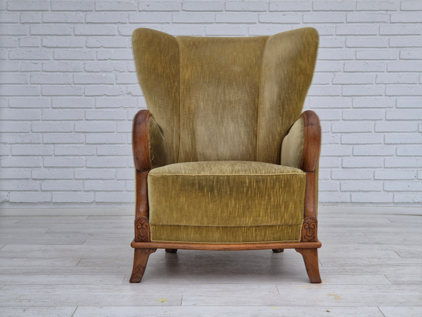 1960s, Danish armchair in original very good condition, furniture velour, oak wood.