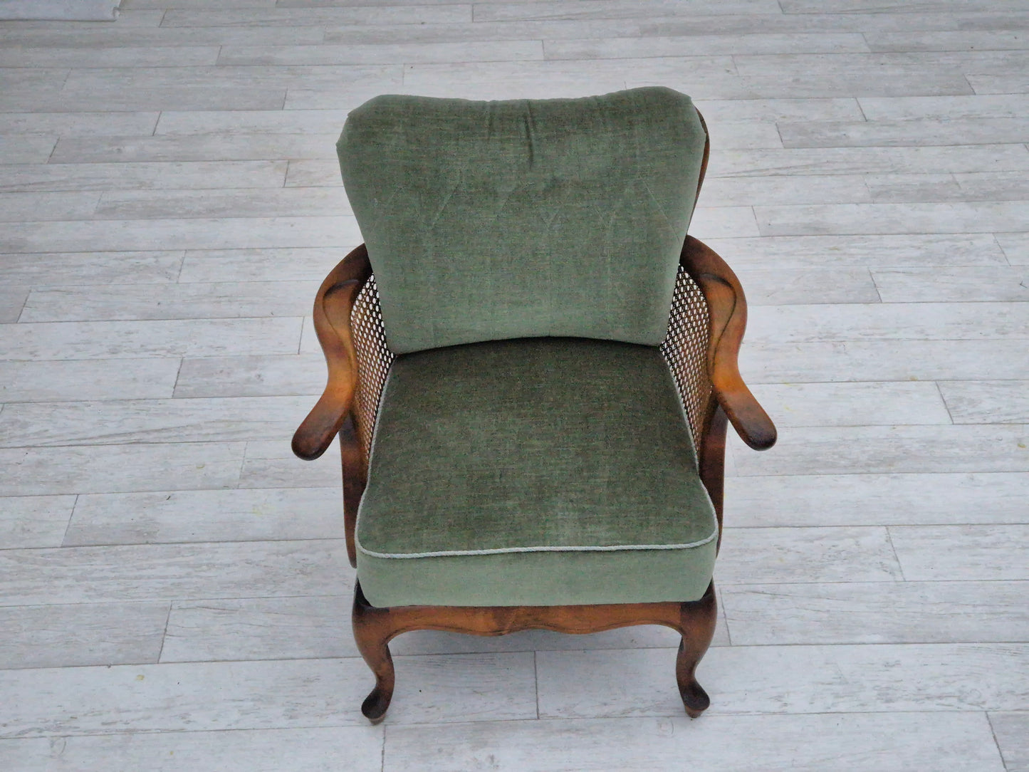 1950s, a pair of Danish armchairs in original condition, velour, ash wood, furniture mesh.