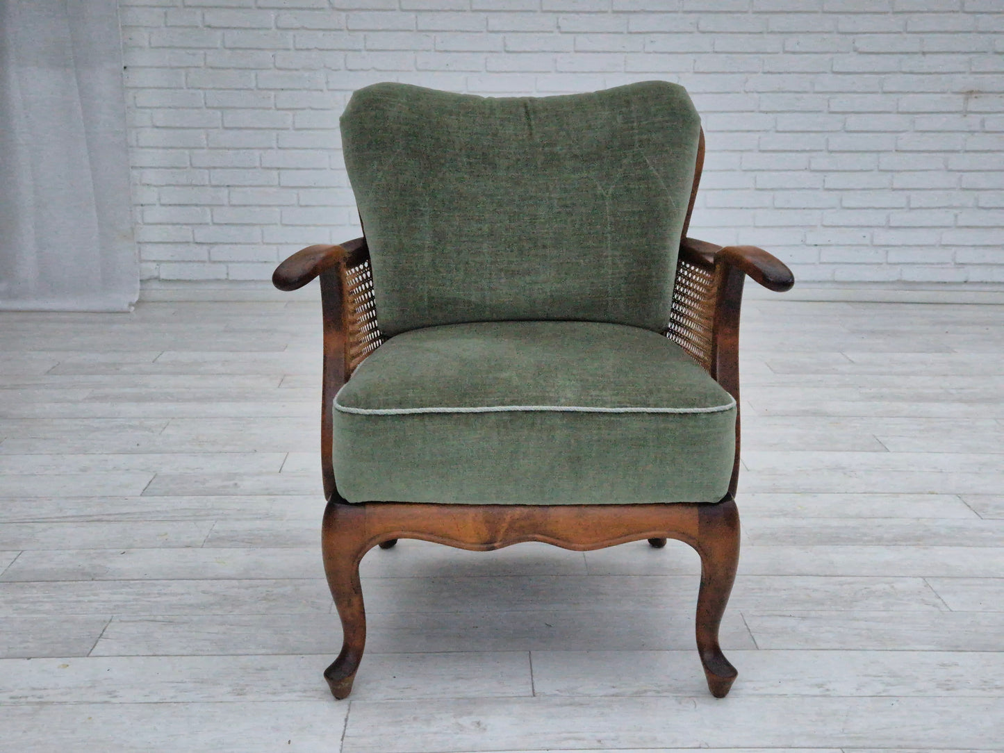 1950s, a pair of Danish armchairs in original condition, velour, ash wood, furniture mesh.