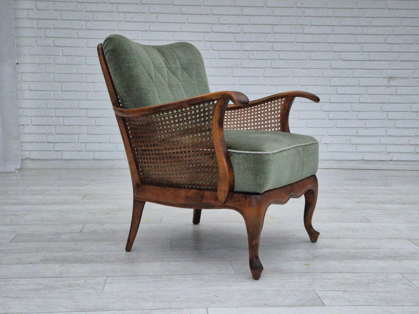 1950s, a pair of Danish armchairs in original condition, velour, ash wood, furniture mesh.