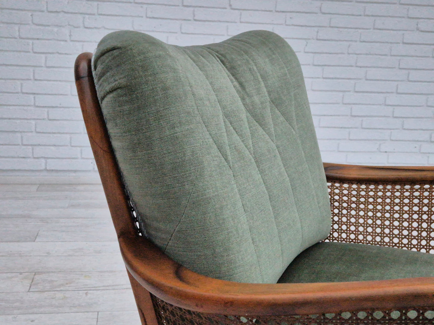 1950s, a pair of Danish armchairs in original condition, velour, ash wood, furniture mesh.