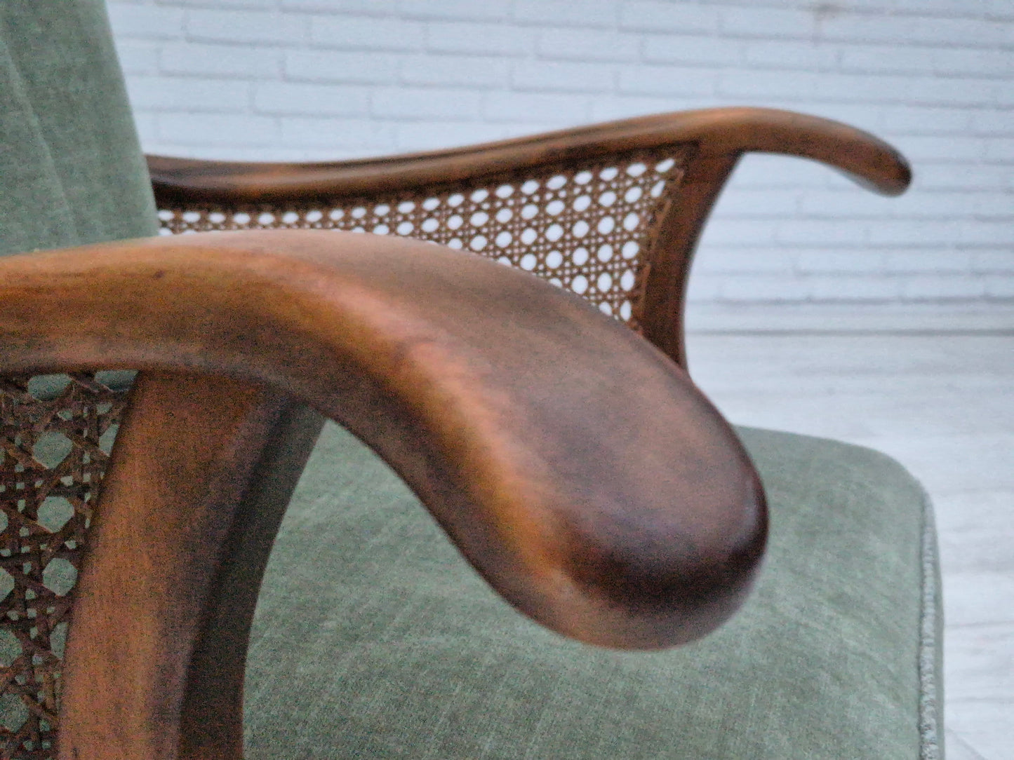 1950s, a pair of Danish armchairs in original condition, velour, ash wood, furniture mesh.