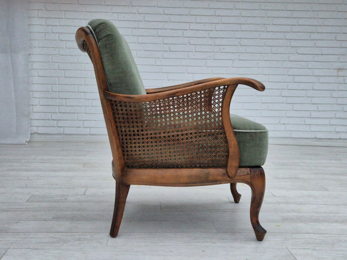 1950s, a pair of Danish armchairs in original condition, velour, ash wood, furniture mesh.