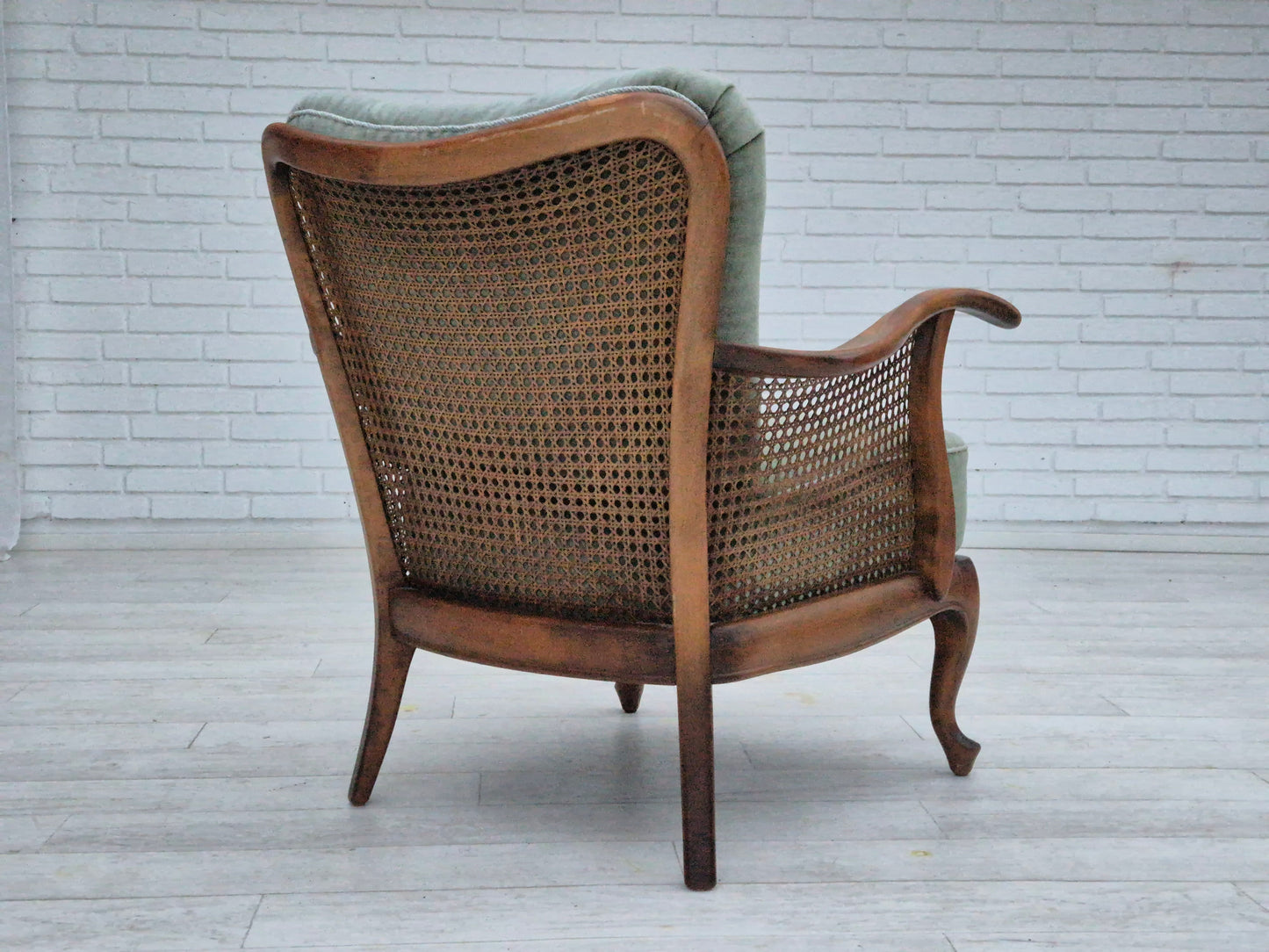 1950s, a pair of Danish armchairs in original condition, velour, ash wood, furniture mesh.