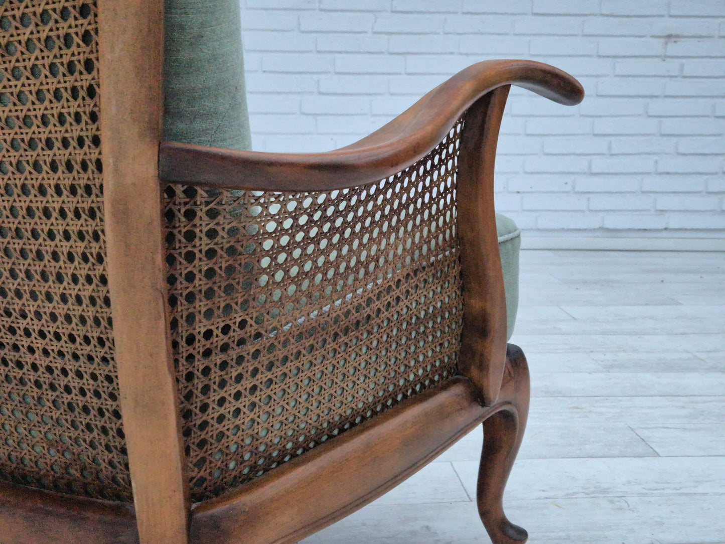 1950s, a pair of Danish armchairs in original condition, velour, ash wood, furniture mesh.