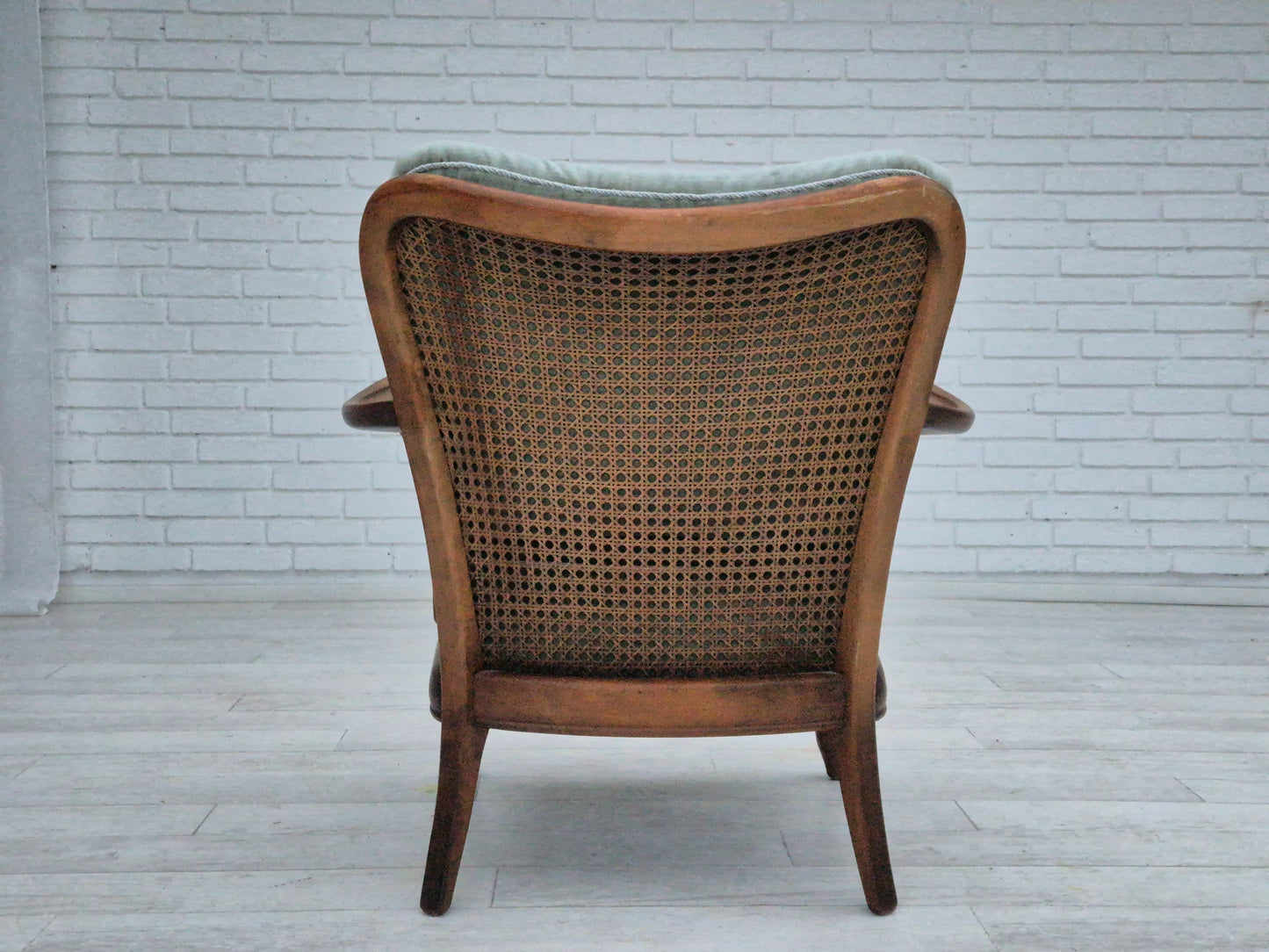 1950s, a pair of Danish armchairs in original condition, velour, ash wood, furniture mesh.