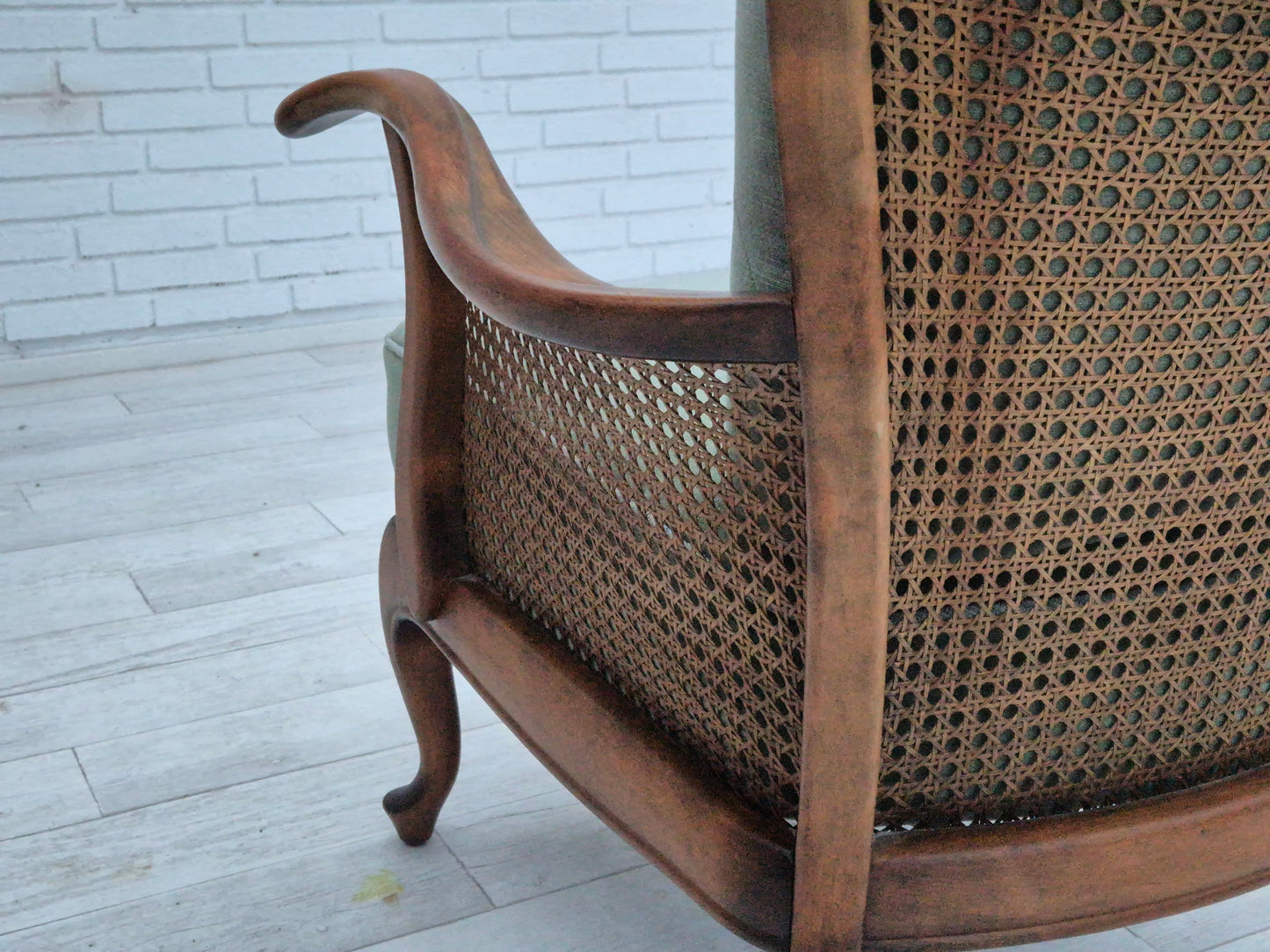 1950s, a pair of Danish armchairs in original condition, velour, ash wood, furniture mesh.