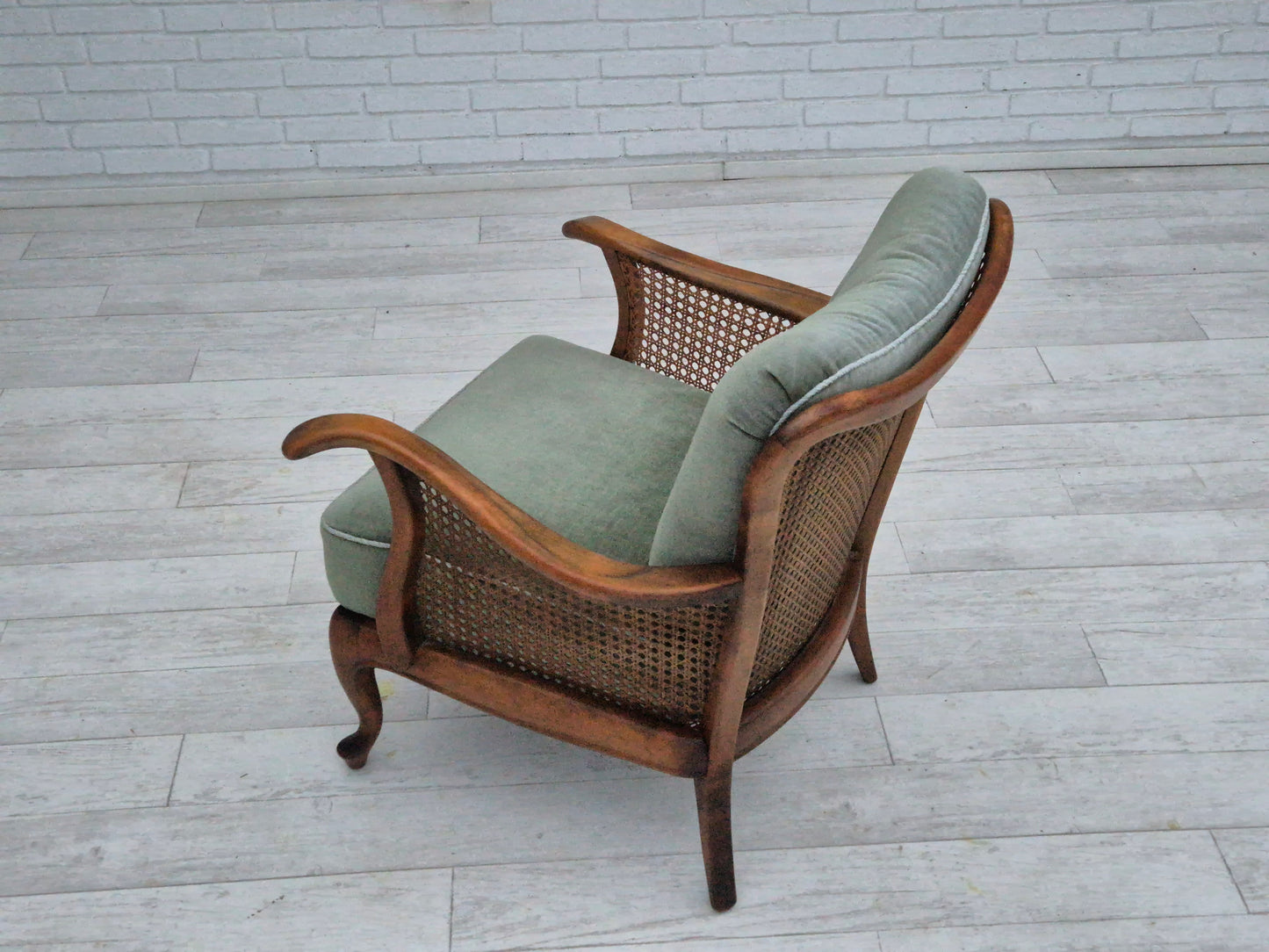 1950s, a pair of Danish armchairs in original condition, velour, ash wood, furniture mesh.