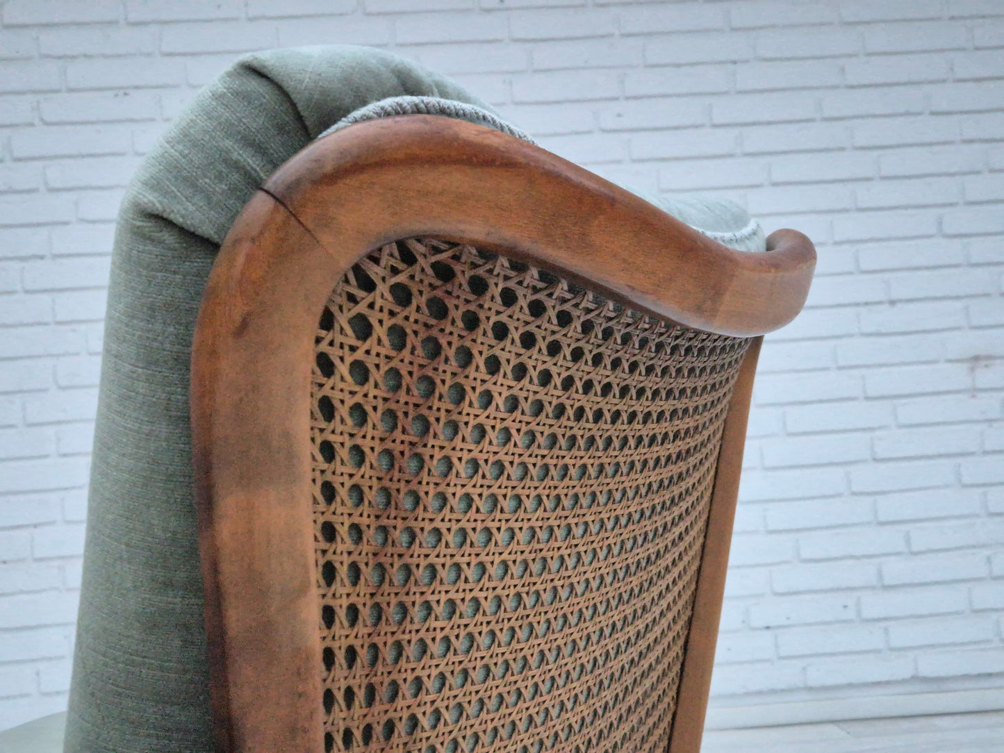 1950s, a pair of Danish armchairs in original condition, velour, ash wood, furniture mesh.