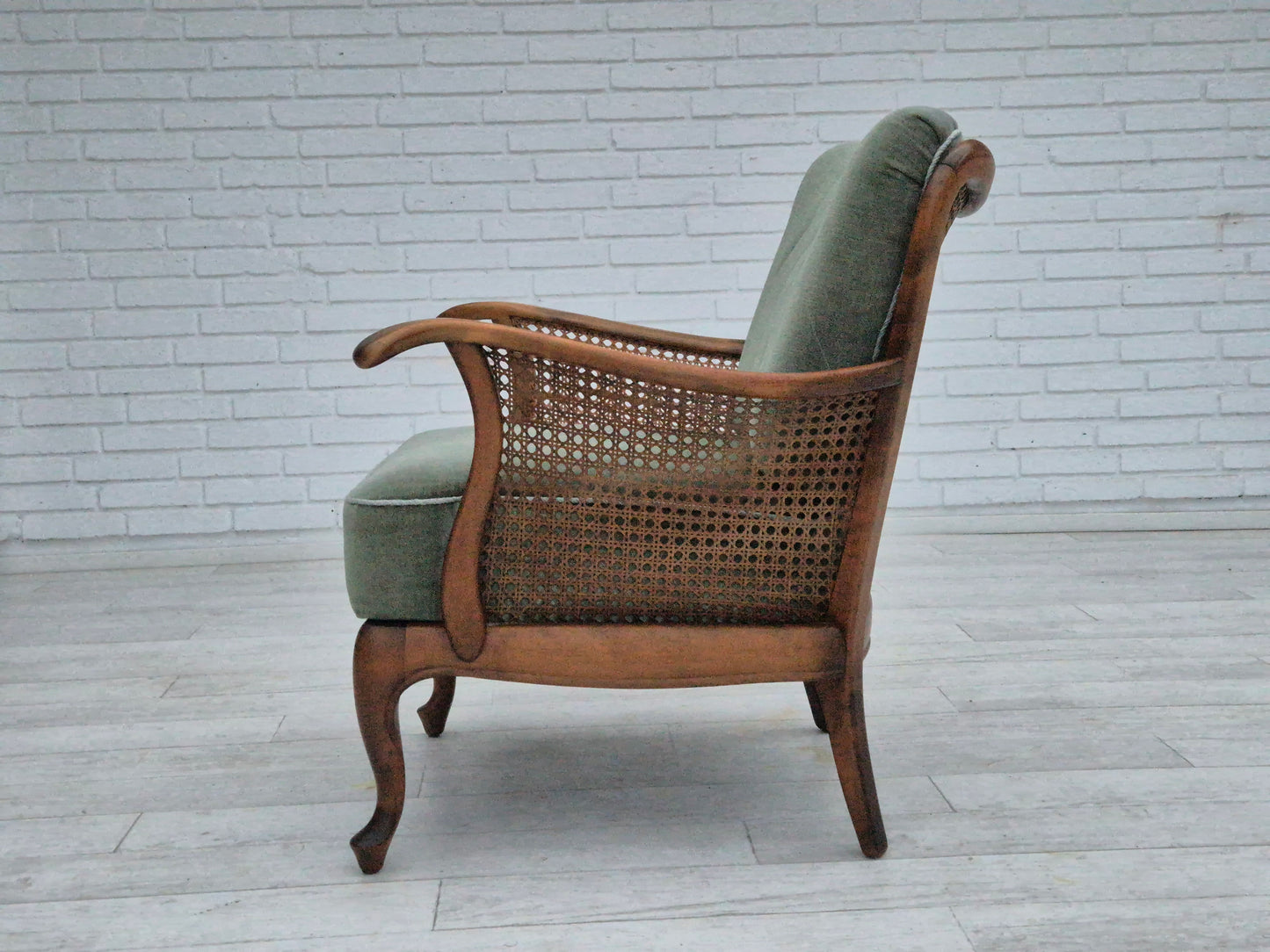 1950s, a pair of Danish armchairs in original condition, velour, ash wood, furniture mesh.