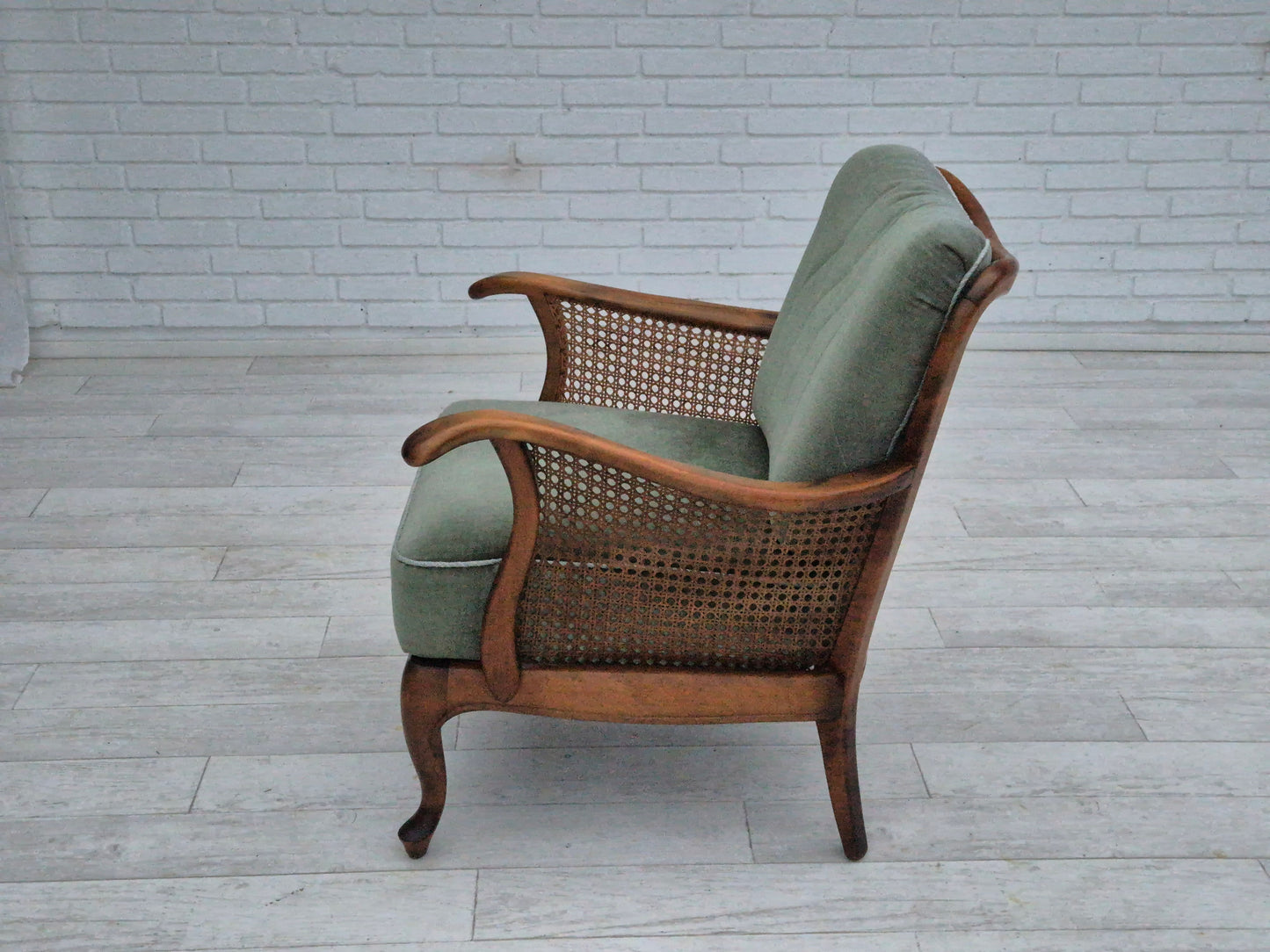 1950s, a pair of Danish armchairs in original condition, velour, ash wood, furniture mesh.