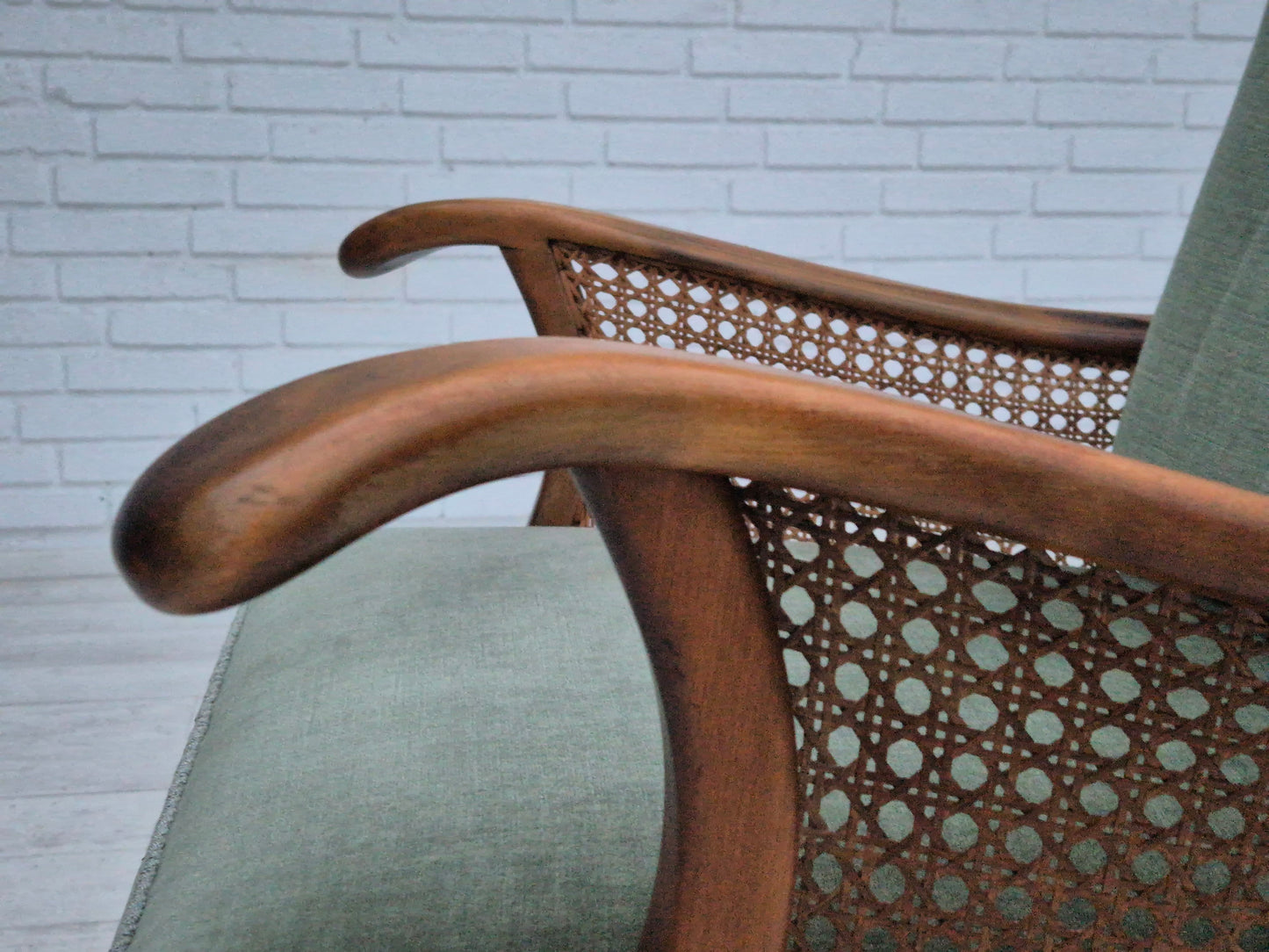 1950s, a pair of Danish armchairs in original condition, velour, ash wood, furniture mesh.