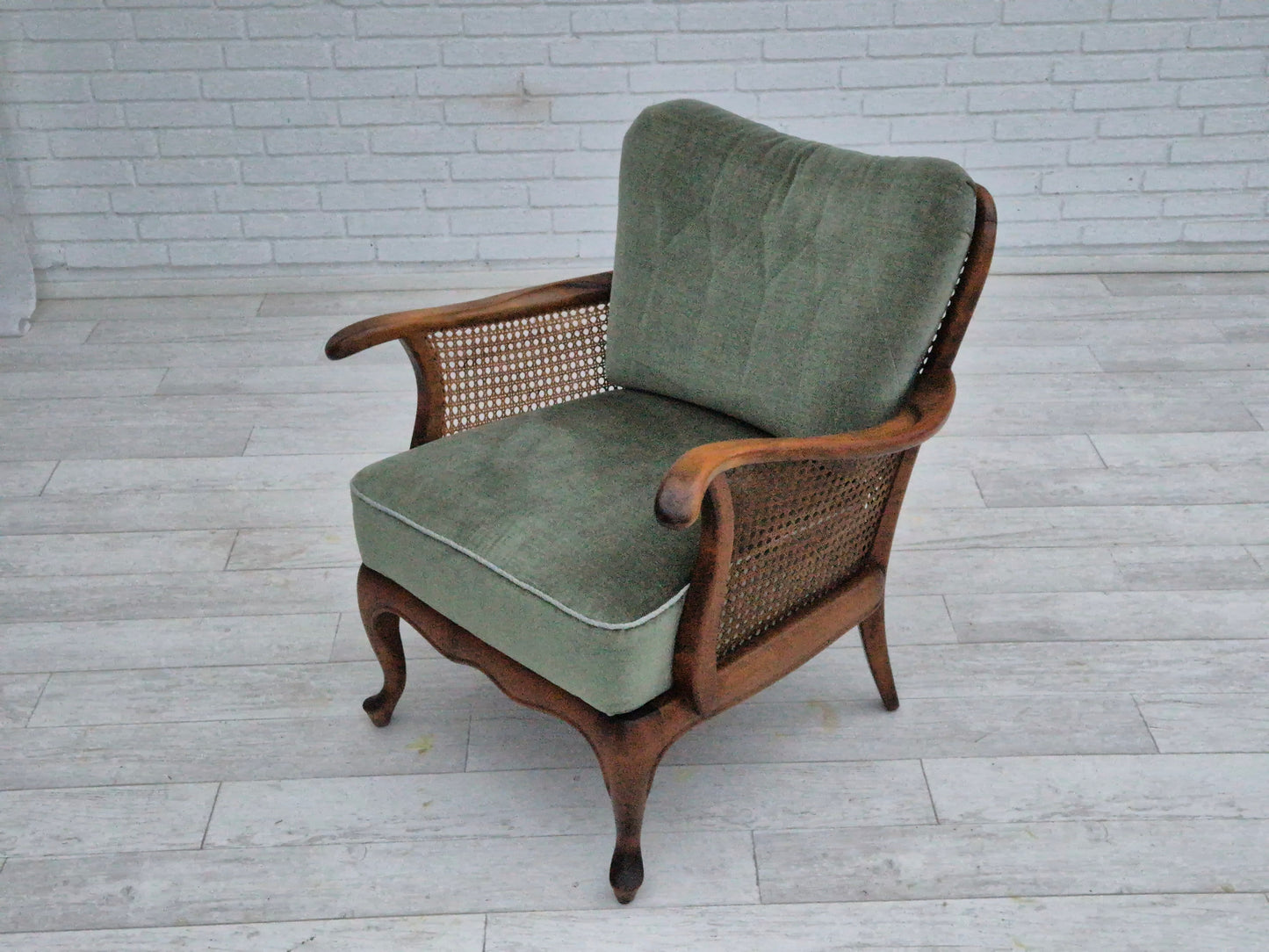 1950s, a pair of Danish armchairs in original condition, velour, ash wood, furniture mesh.