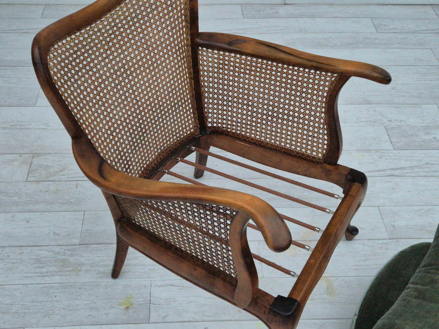 1950s, a pair of Danish armchairs in original condition, velour, ash wood, furniture mesh.