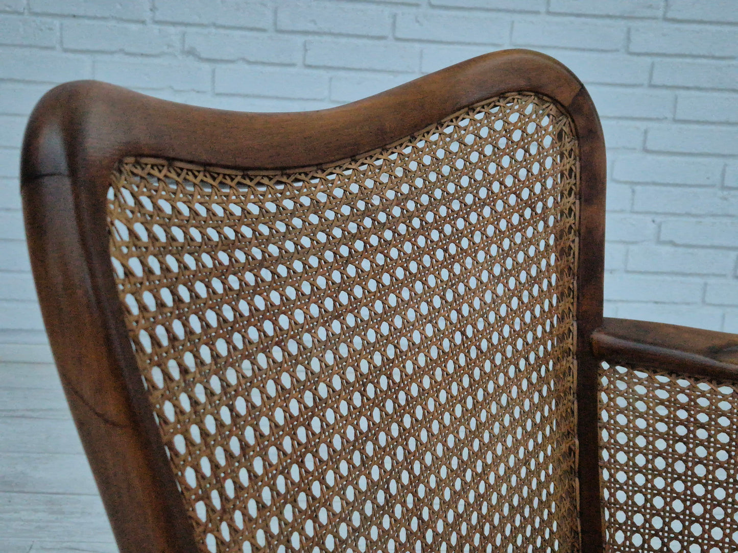 1950s, a pair of Danish armchairs in original condition, velour, ash wood, furniture mesh.