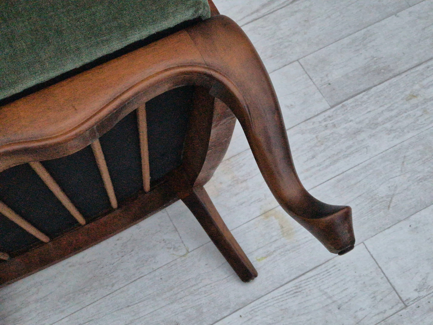 1950s, a pair of Danish armchairs in original condition, velour, ash wood, furniture mesh.