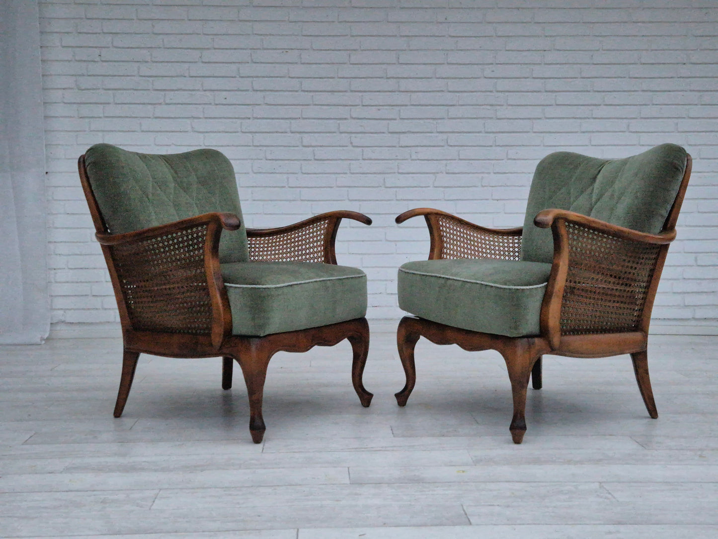 1950s, a pair of Danish armchairs in original condition, velour, ash wood, furniture mesh.