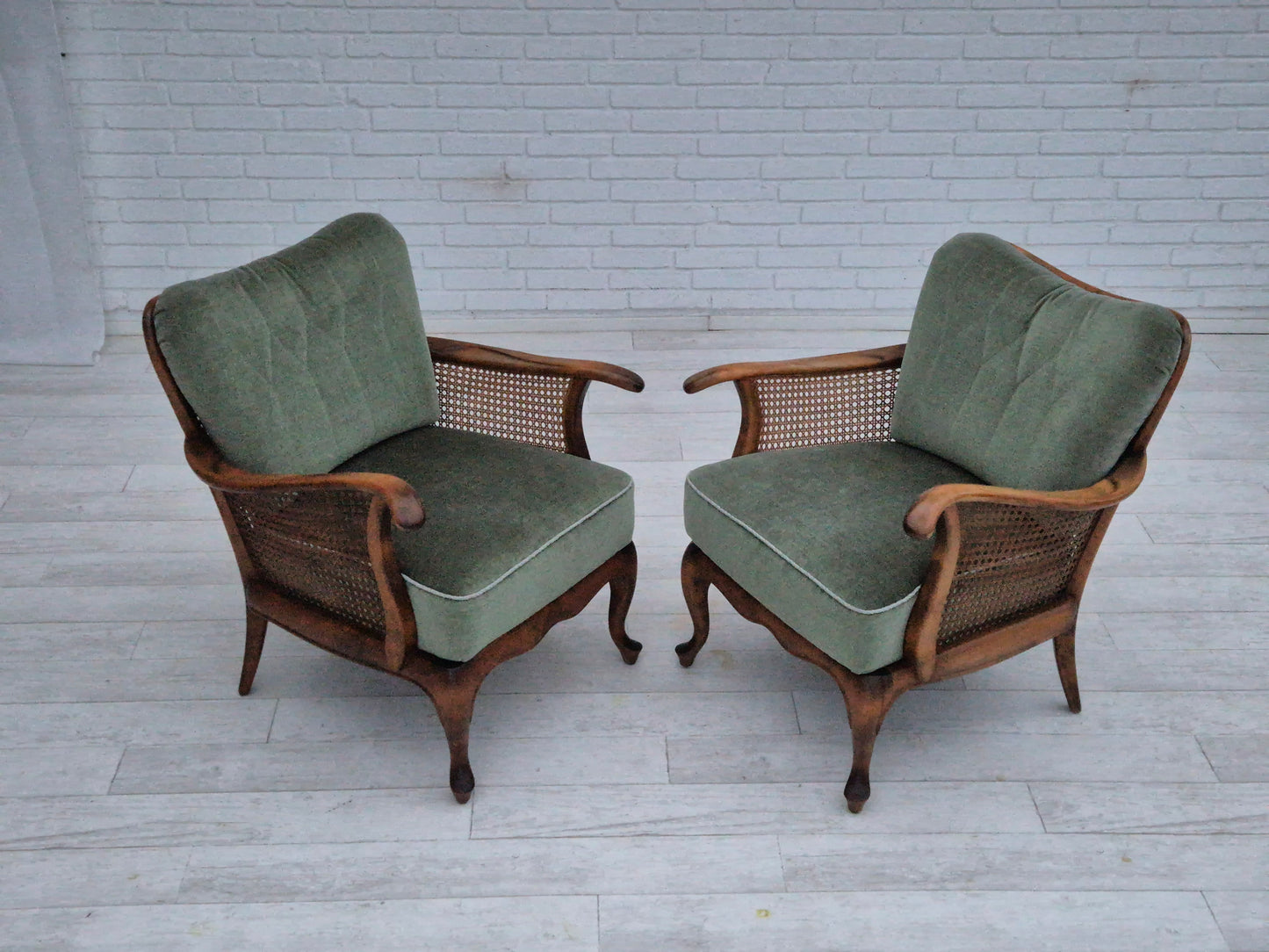 1950s, a pair of Danish armchairs in original condition, velour, ash wood, furniture mesh.