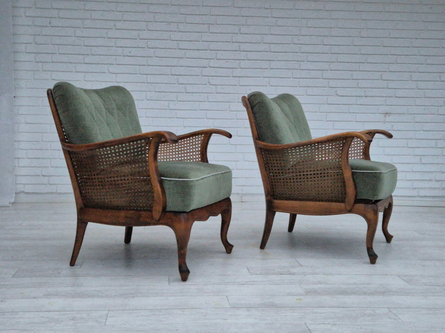 1950s, a pair of Danish armchairs in original condition, velour, ash wood, furniture mesh.