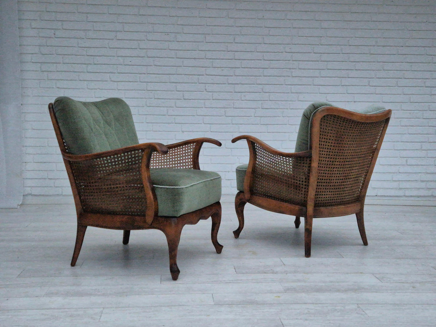 1950s, a pair of Danish armchairs in original condition, velour, ash wood, furniture mesh.